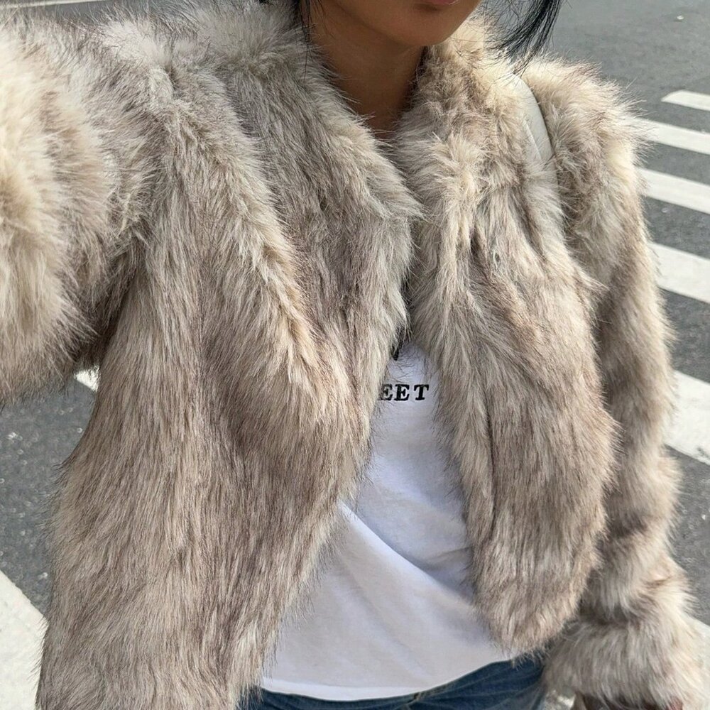 Khaki Casual Women's Long Sleeve Fluffy Jacket - Picture 3 of 7